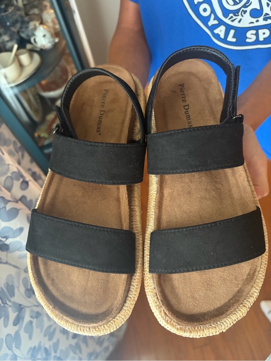 Pierre Dumas Shoes - Pierre Dumas Black and Tan Espadrille-Trim Two-Strap Sandals